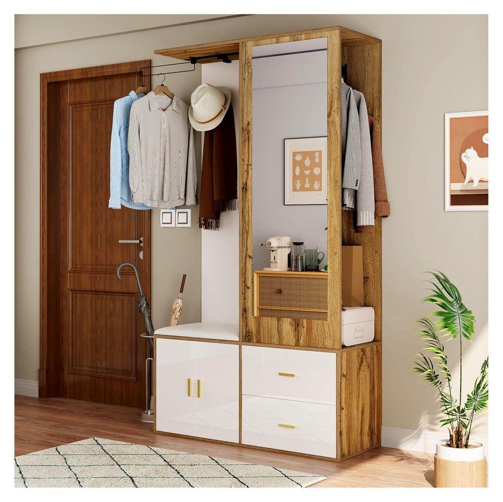 Flurgarderobe Set mit Spiegel, Sitzbank und Schuhschrank – Garderobenschrank mit ausziehbarer Kleiderstange | Komplettset in Weiß-Holz | Platzsp...