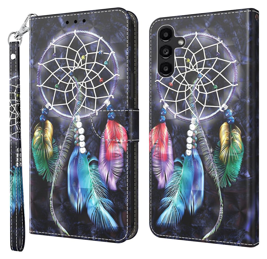 CLM-Tech Hülle kompatibel mit Samsung Galaxy A14 5G - Tasche aus Kunstleder - Klapphülle mit Ständer und Kartenfächern, Traumfänger schwarz bunt
