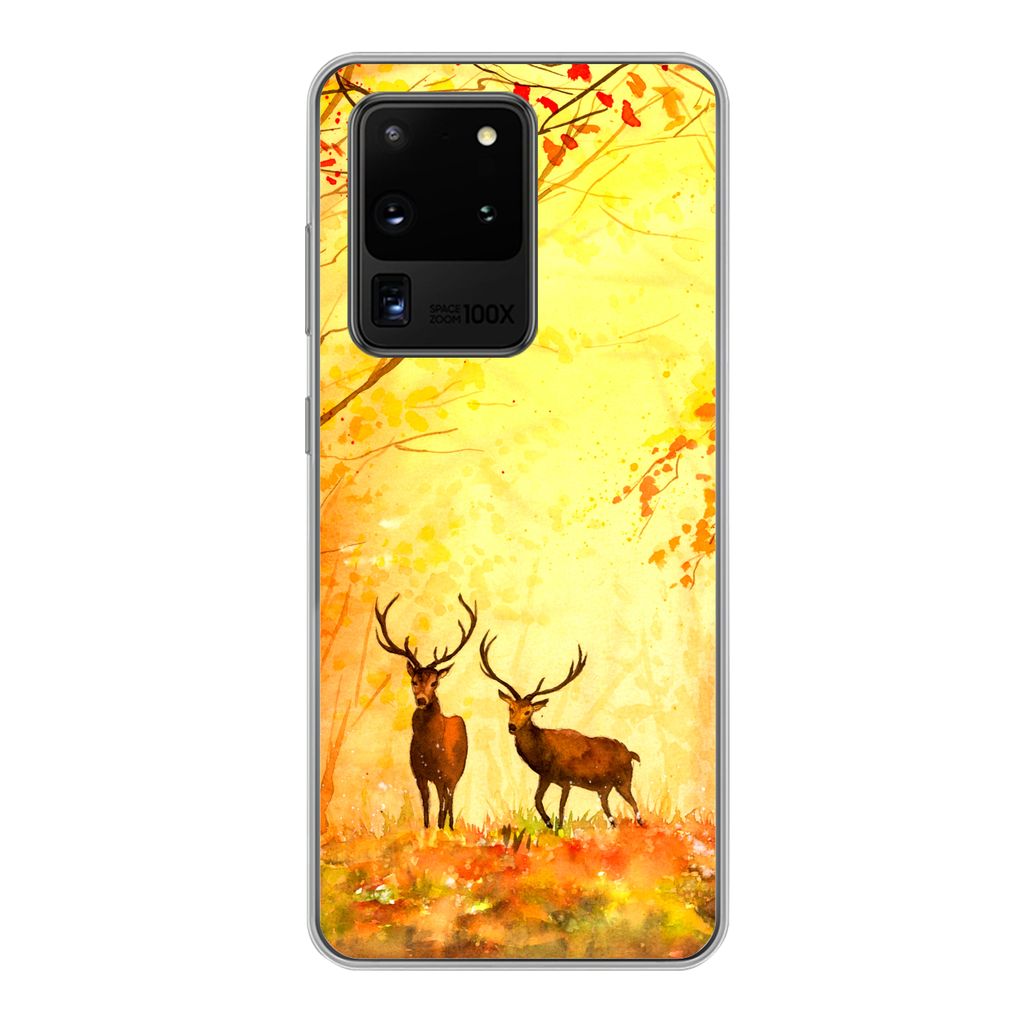 MuchoWow Handyhülle Schutzhülle Hülle für Samsung Galaxy S20 Ultra Natur - Ölfarbe - Hirsche - Tiere - Herbst - Orange Silikon Softcase Hand...
