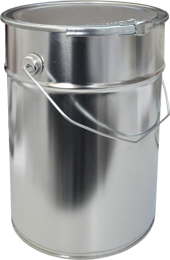 A silver metal bucket with a handle and lid is shown against a white background.
