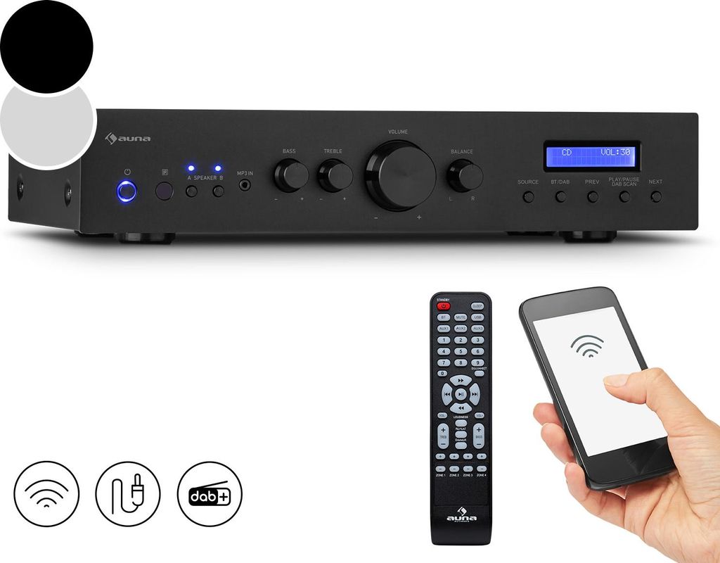 Auna Verstärker, HiFi Stereo Mini Verstärker, HiFi-Verstärker mit Bass & Treble Regler, 2 Kanal Audio-Verstärker, Stereo-Verstärker & Lautspre...