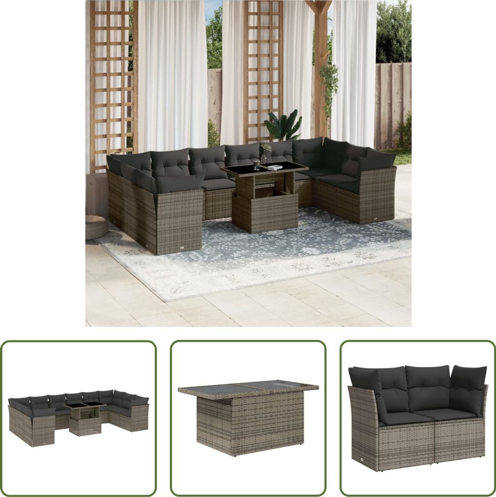 The Living Store 11-tlg. Garten-Sofagarnitur mit Kissen Grau Poly Rattan