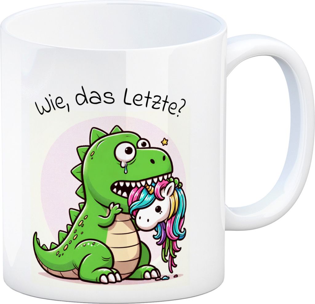 T-Rex Dinosaurier frisst Einhorn Kaffeebecher mit Spruch Wie das Letzte?