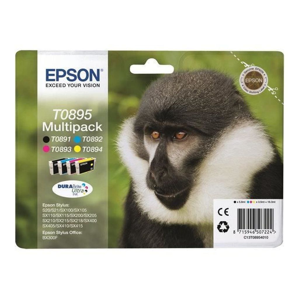 Epson Monkey T0895 Affe DURABrite Ultra Multipack 4 Farben Tinte, Schwarz, Cyan, Magenta, Gelb, 5,8 ml, 3,5 ml, 1 Stück(e), Multipack