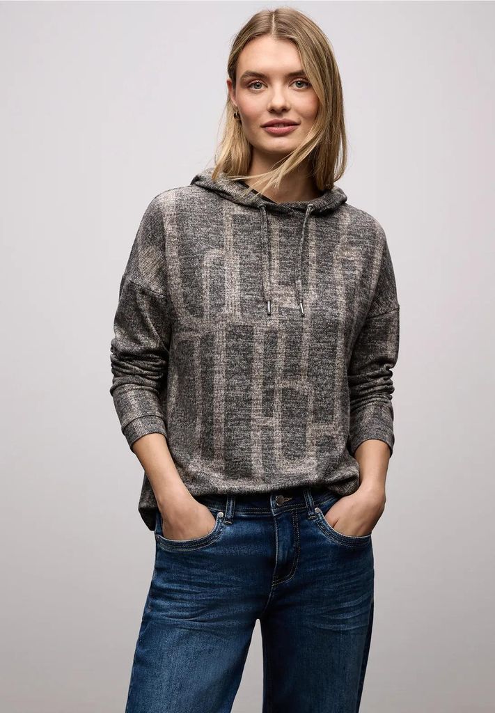 Street One Langarmshirt 'Gemustertes Hoodie Shirt', A324424, darkest brown, Gr. 36