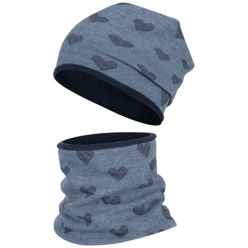 Wintermütze + Schlauchschal Mädchen Winterset Beanie Snood, Blau-Herz, Gr. 50-52