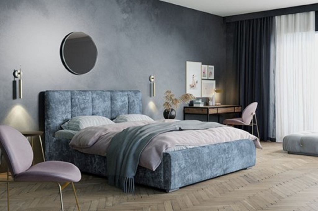 ADIDAR Matylda Polsterbett 140x200cm Doppelbett Metal-Holzrahmen, hydraulisch, Kopfteil, Bettkasten, Lattenrost für besten Schlafkomfort (Blau - E...