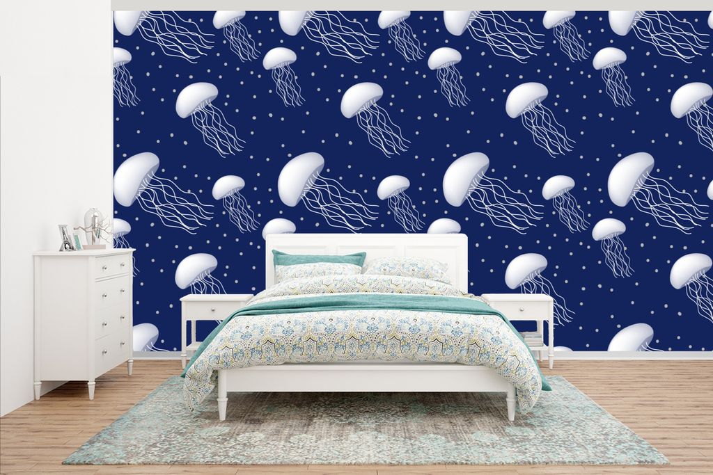 MuchoWow Fototapete für Wohnzimmer oder Schlafzimmer Wandtapete Vinyl Motivtapete Muster - Wasser - Quallen - Jungen - Kinder - Baby - 535x300 c...