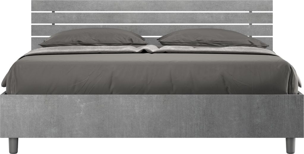 ITYHOME - Bett mit Lattenrost 160x200 schräges Kopfteil mit Holzlatten Zement Ankel