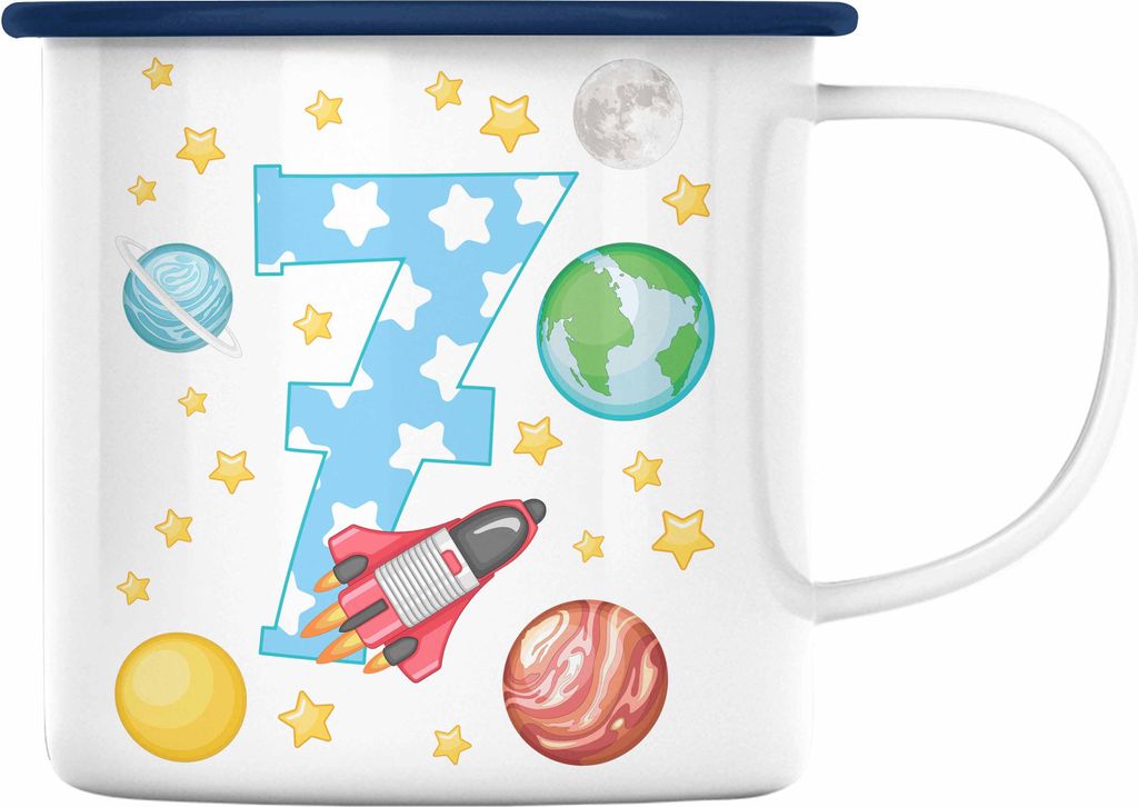 Trendation - 7. Geburtstag Emaille Tasse Geschenk Becher Siebter Bday Geschenkidee 7 Jahre Alt Junge Mädchen KakaoEmaille Tasse (Blau)