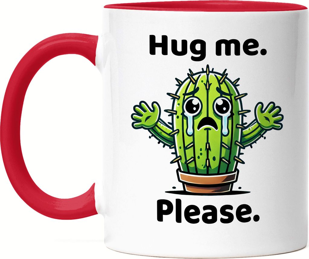 Hug me Please Lustiges Kaktusmotiv Tasse Rot Geschenkidee für Pflanzenfans süßes Design einzigartig und kreativ