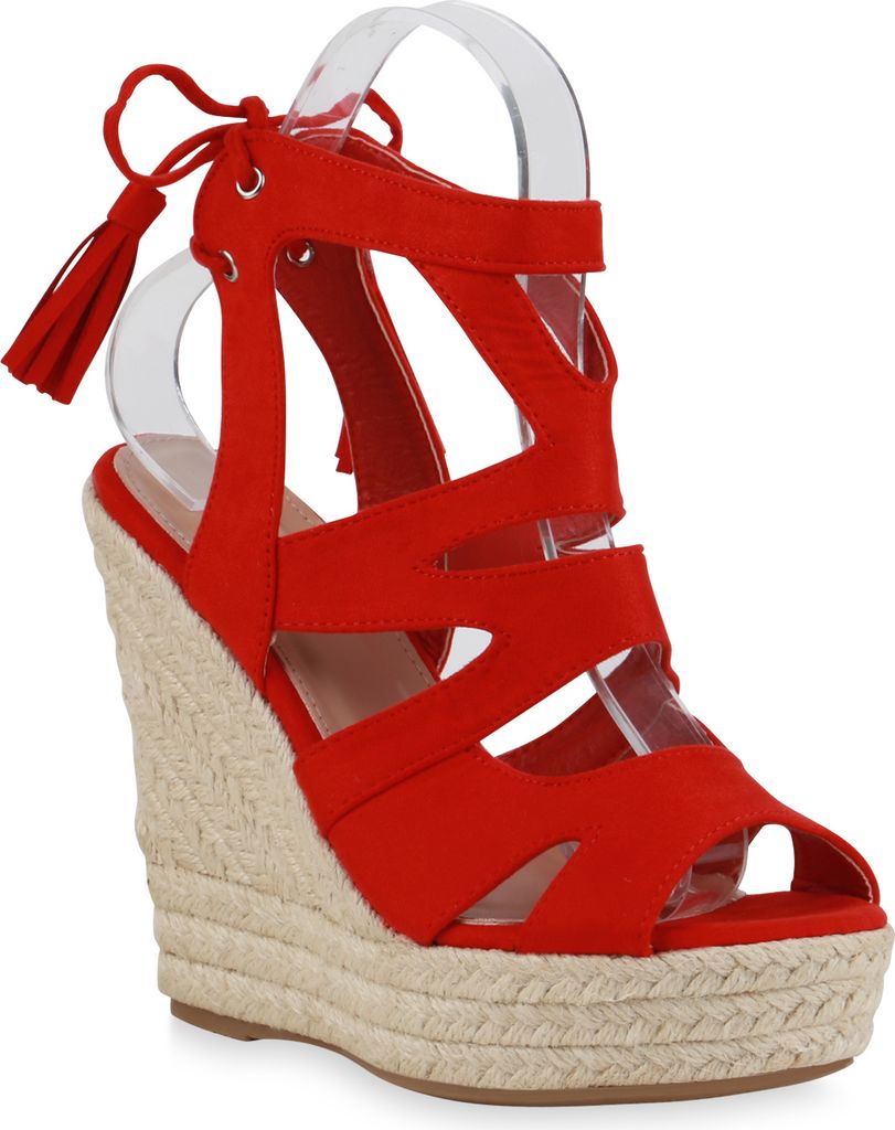 Mytrendshoe Damen Bast Keilsandaletten Cut-Outs Quasten Sommer Schuhe 816039, Farbe: Rot, Größe: 38