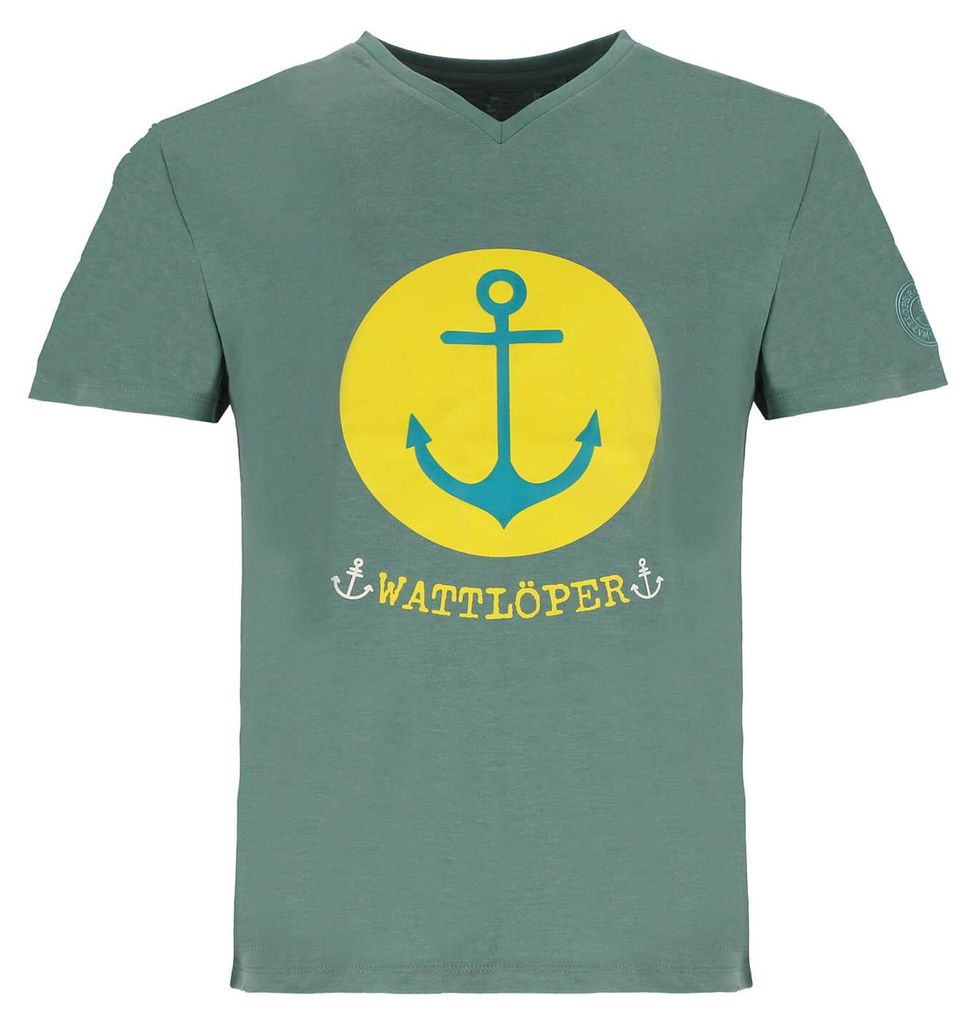 Wattlöper Herren T-Shirt mit Anker-Prägedruck im Kreis-Print - Kurzarm-Shirt mit V-Ausschnitt in Salbei-Sage Größe S