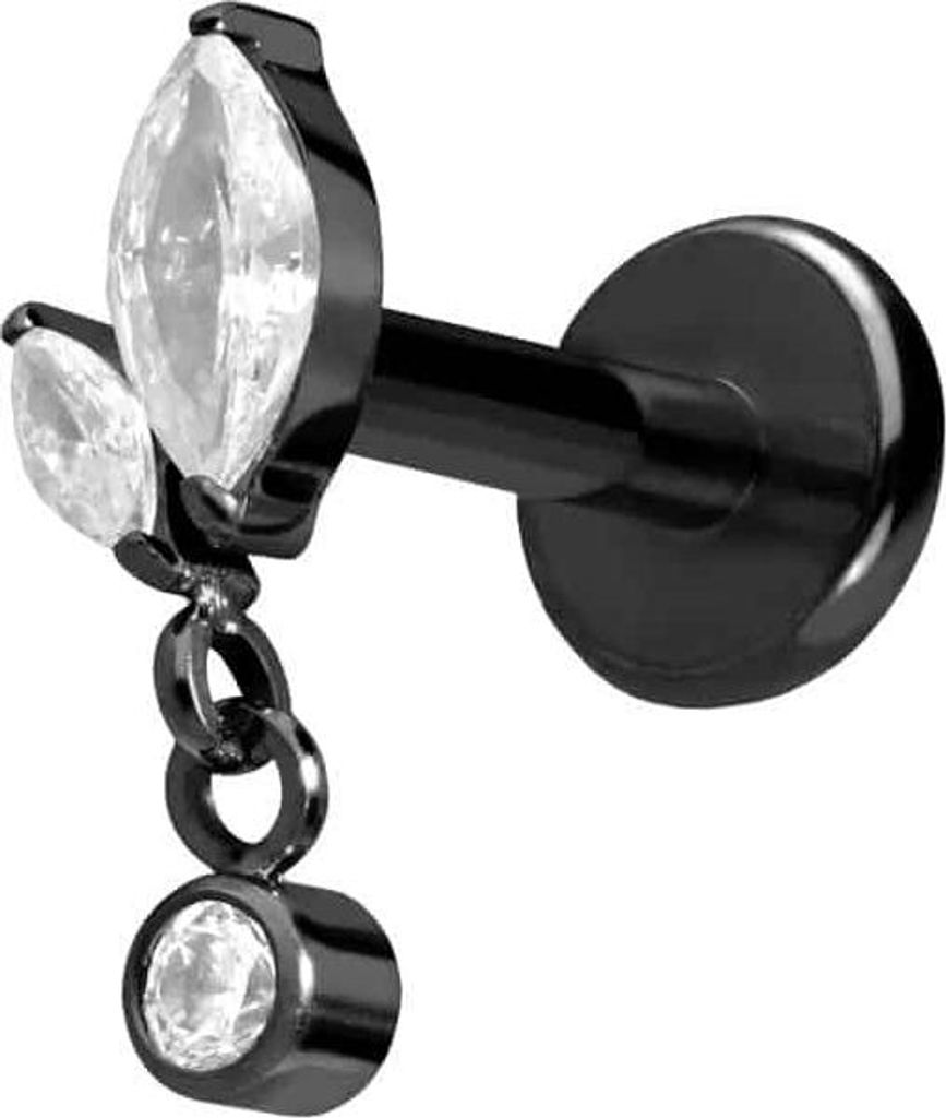 Ohrpiercing, Nasenpiercing Titan Labret mit Push Fit KNOSPE + KRISTALL Schwarz Stablänge: 9mm | Stabstärke: 1,2mm