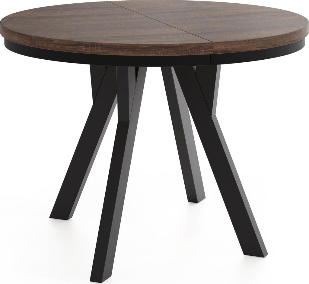 Runder Ausziehbarer Esstisch im Loft-Stil – Industrieller Tisch mit Schwarzen Holzbeinen – Platzsparender Esstisch für Wohnzimmer – Eiche So...