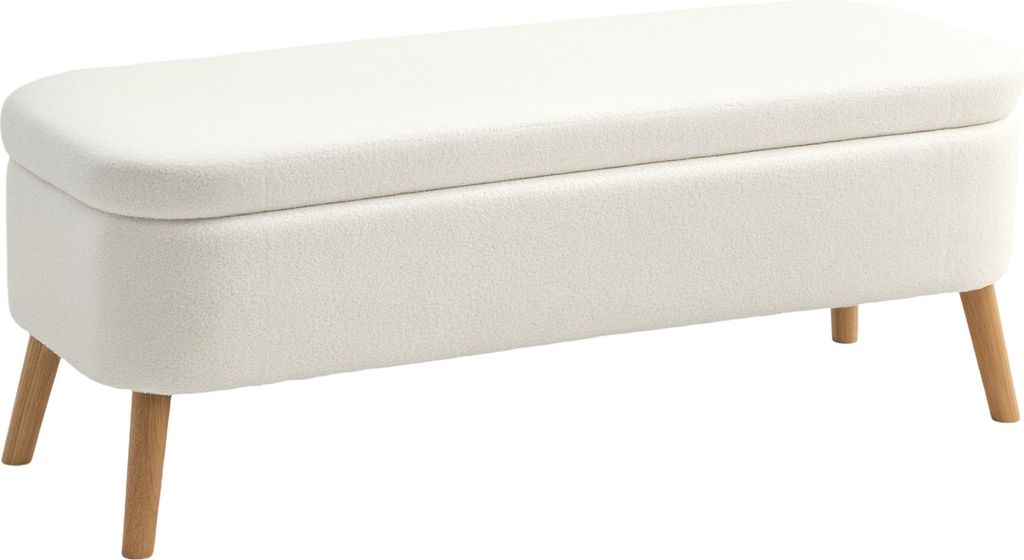 Aufbewahrungsbank, Sitzbank mit 65 L Stauraum, Teddy-Fleece-Stoff, Kautschukholz, 120 x 42 x 45 cm, Cremeweiß