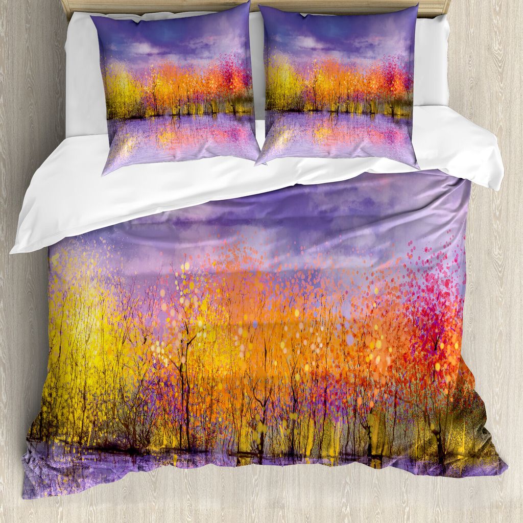 ABAKUHAUS Herbst Bettbezug, Herbstsaison Bäume Fluss, Milbensicher Allergiker geeignet mit Kissenbezügen, 155 cm x 220 cm - 80 x 80 cm, Lavendel-...