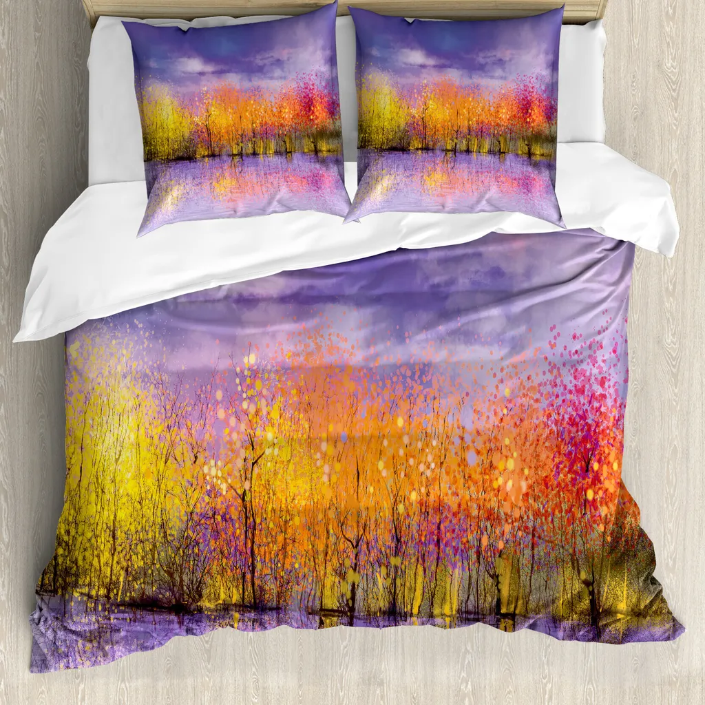 ABAKUHAUS Copripiumino autunnale, alberi autunnali sul fiume, antiacaro, adatto a chi soffre di allergie, con federe, 200 cm x 200 cm - 80 x 80 cm, giallo lavanda