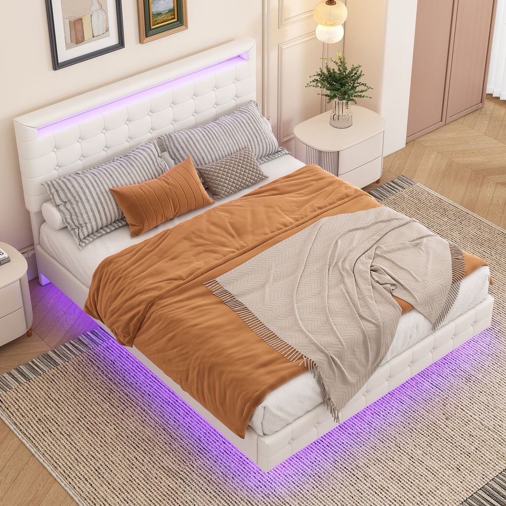 MODFU Polsterbett 140 x 200 mit Lattenrost und LED,Doppelbett Jugendbett mit dreistufige Höhenverstellung Kopfteil,Kinderbett,Weiß (MIT Matratze)