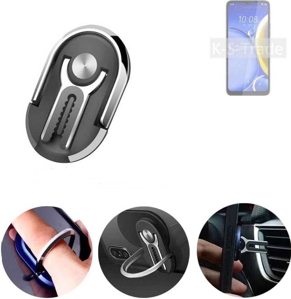 K-S-Trade 3in1 Smartphone-Ring Handy-Ring kompatibel mit HTC Wildfire E Plus Fingerhalterung Handyring Tischständer Lüftungsgitter-Halterung Tisch