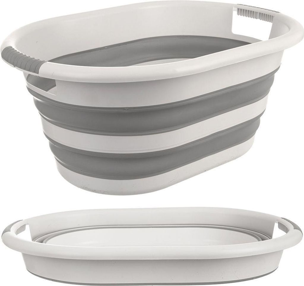 A collapsible laundry basket shown in both its expanded and collapsed states.