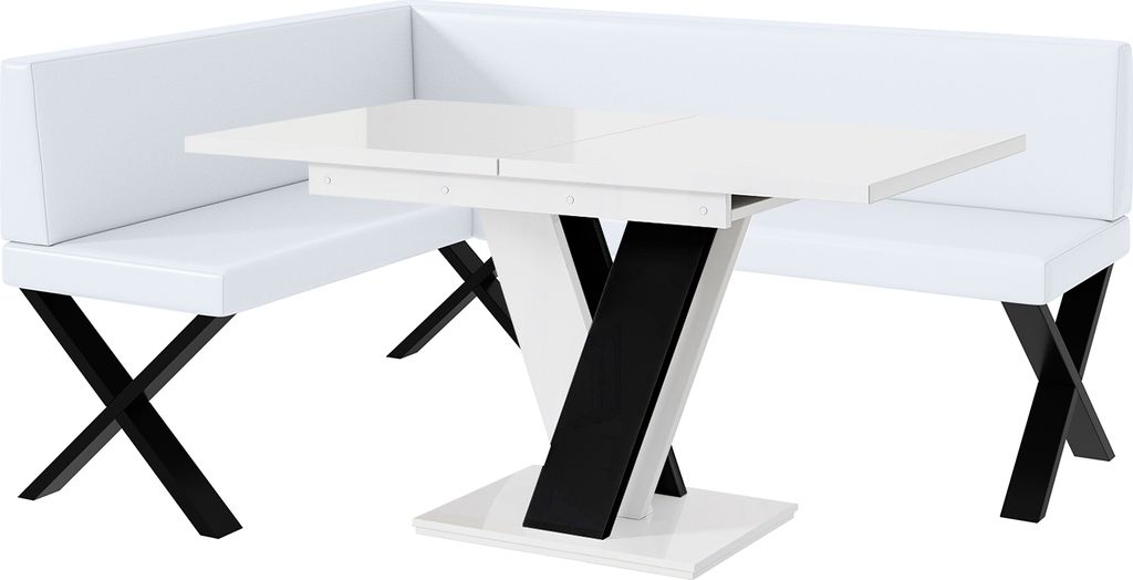 MEBLINI Eckbank für Esszimmer mit ausziehbarem Tisch - Küchenbank - Essecke - Sitzecke Küche - TONI - X-Beine 128x168x87cm Links - Weiß Kunstle...