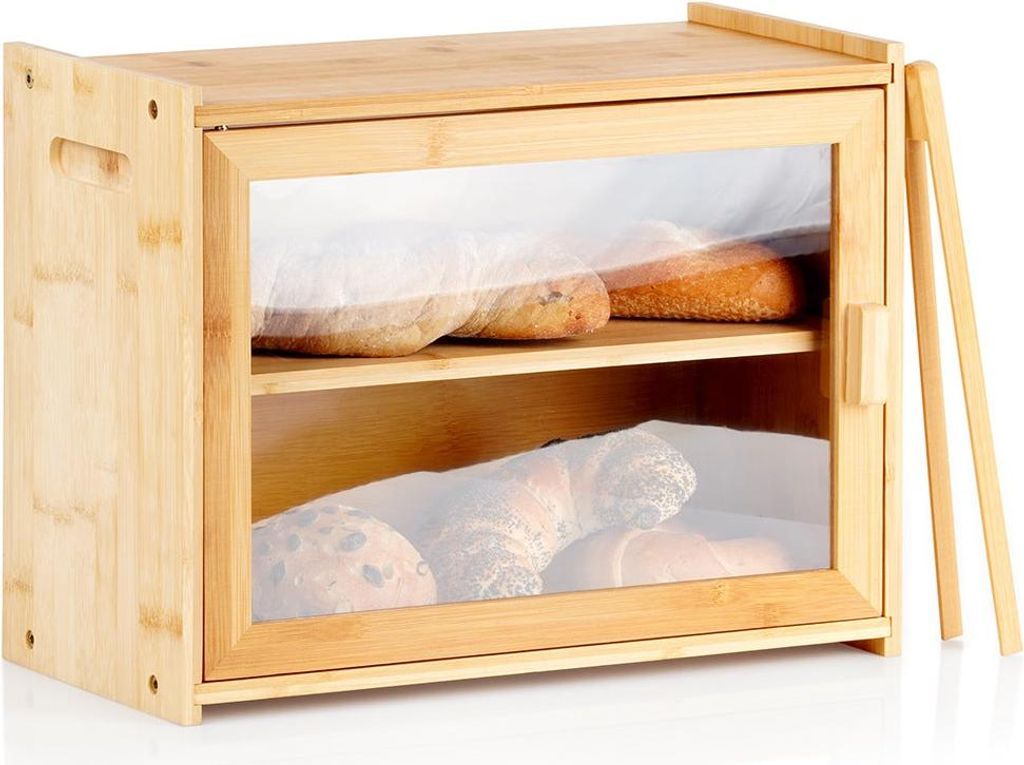 A wooden bread box with a glass door, containing bread on two shelves.