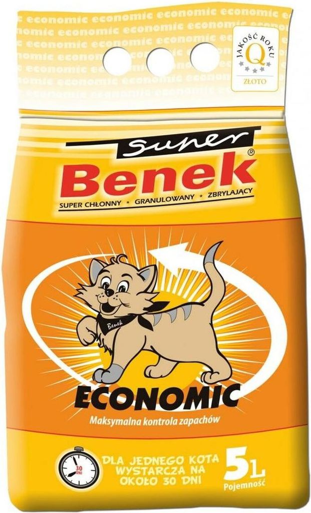 A bag of cat litter with a cartoon cat illustration.
