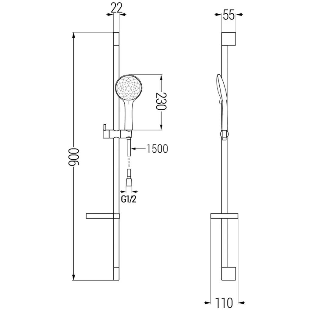 Barre de douche coulissante DS74 en chrome brillant avec douchette à main