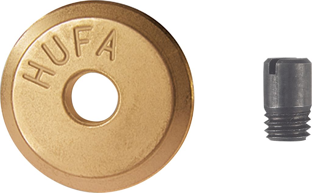 A gold cutting wheel with the brand name "HUFA" and a small gray threaded screw are shown against a white background.
