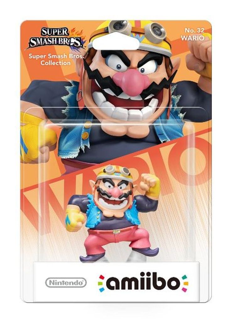 A Wario amiibo figure in its retail packaging.