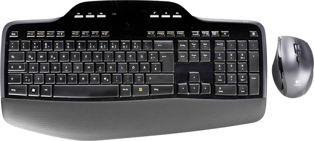 A wireless keyboard and mouse set on a white background.
