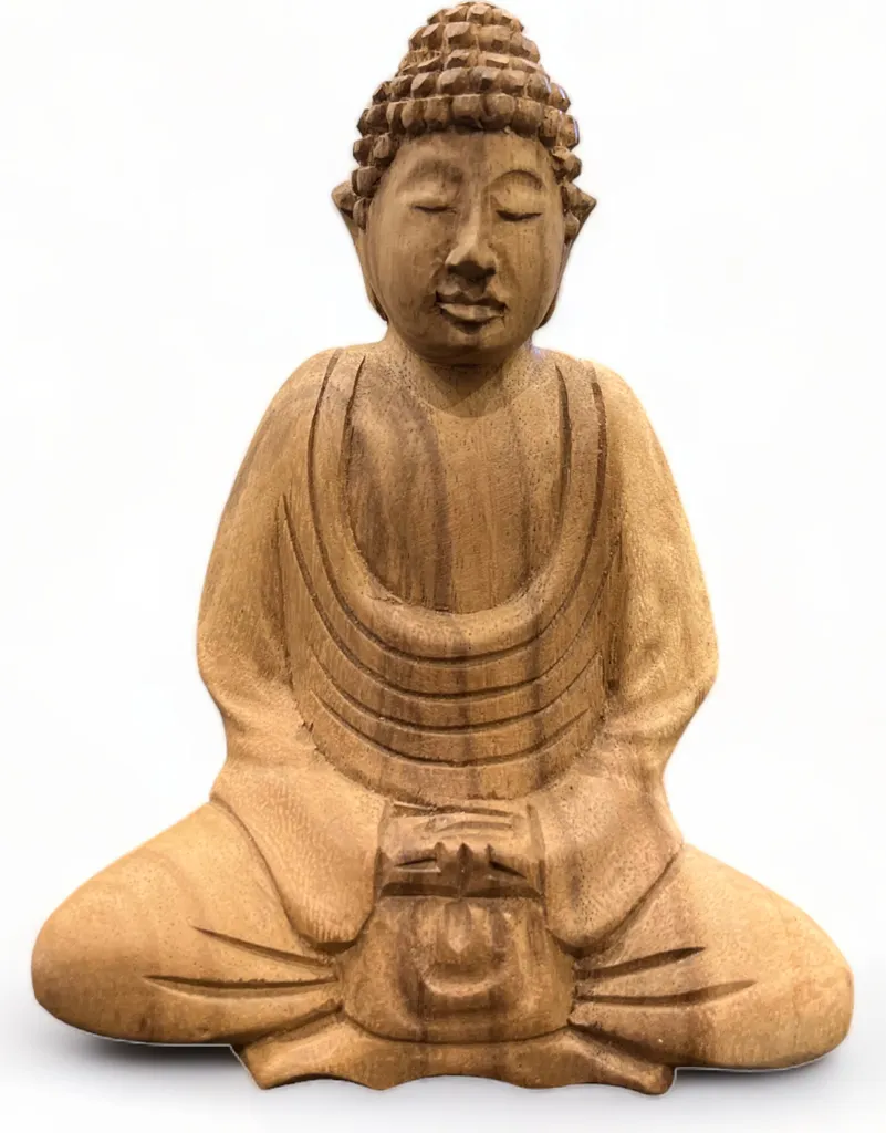 Statue de Bouddha en Teck Naturel Sculpté à la Main - Déco Artisanale