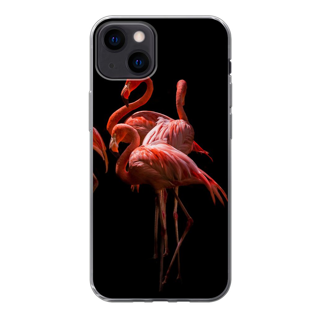 MuchoWow Handyhülle Schutzhülle Hülle für iPhone 13 Flamingos - Vögel - Federn - Schwarz Silikon Softcase Handy Hülle - Karteninhaber