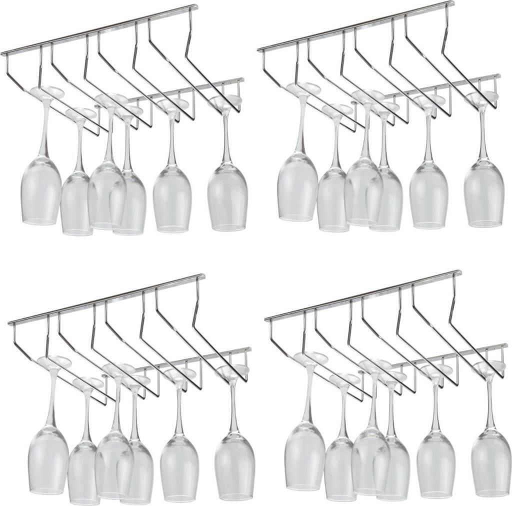 Four silver wine glass racks mounted on a white background, each holding multiple wine glasses.