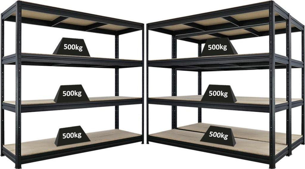 Mega Deal | 3x Schwerlastregal DINO | HxBxT 180x200x60cm | 4 Spanplatten-Ebenen 16mm | Fachlast 500kg | Schwarz
