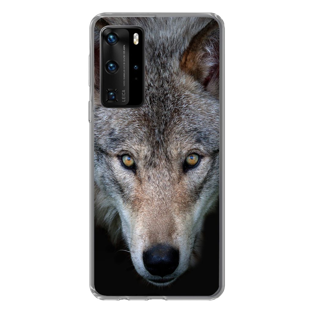 MuchoWow Handyhülle Schutzhülle Hülle für Huawei P40 Pro Wolf - Porträt - Schwarz Silikon Softcase Handy Hülle - Schutz
