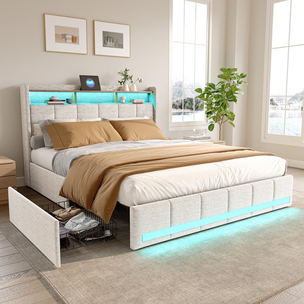 Fortuna Lai Polsterbett 180x200 mit Lattenrost,Stilvolles Boxspringbett mit Stauraum, 4 Schubladen, Individueller LED-Beleuchtung, USB und Typ-C-...