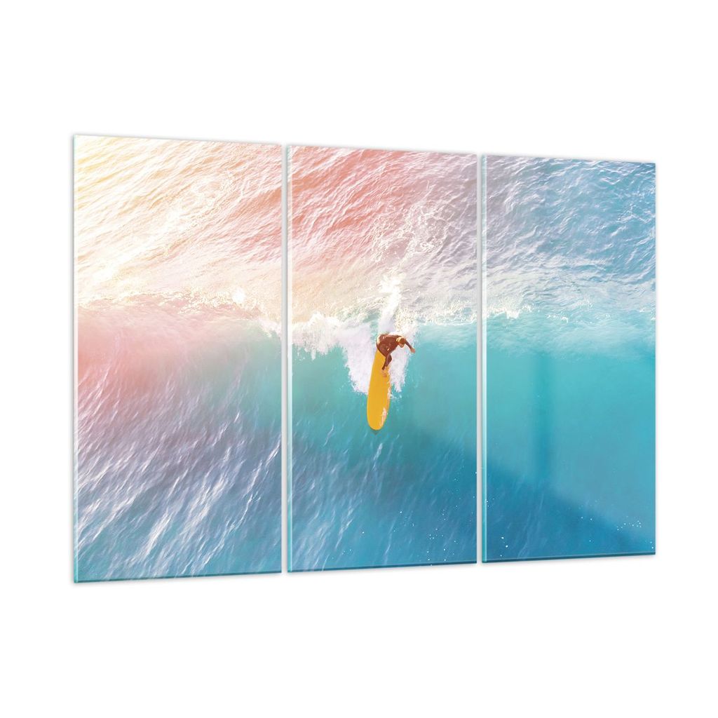 Bilder auf glas - 3 Teile - Surfen Welle Licht - 105x70cm - Glasbilder - Wandbilder - Bilder - zum Aufhängen bereit - Wanddekoration aus Glas - Gl...