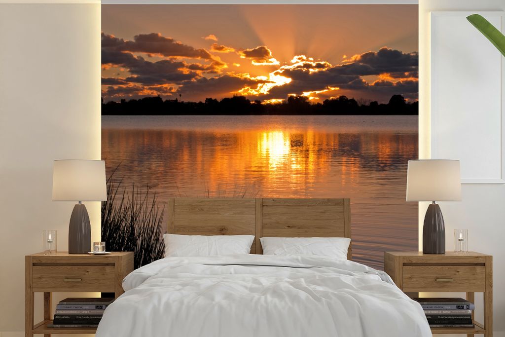 MuchoWow Fototapete für Wohnzimmer oder Schlafzimmer Wandtapete Vinyl Motivtapete Sonnenstrahlen - Schwan - Wolken - 280x280 cm - Hintergrundbild