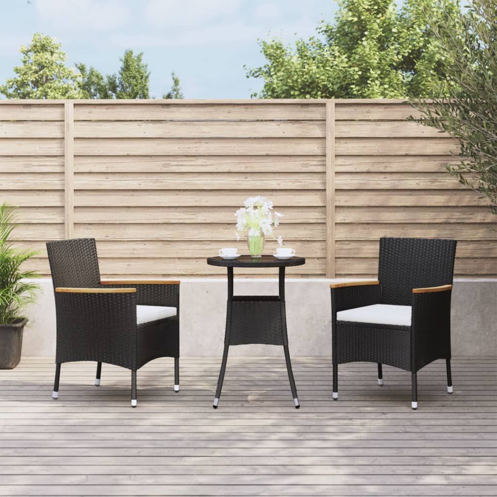 Cloris Designermöbel 3-tlg. Garten-Bistro-Set mit Kissen Schwarz Poly Rattan 2024 Neu