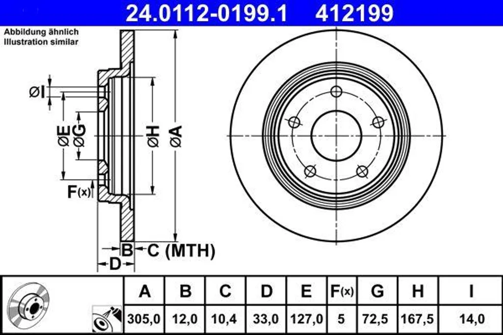 ATE 24.0112-0199.1 Disque de frein OE K04721996AA pour Fiat Freemont