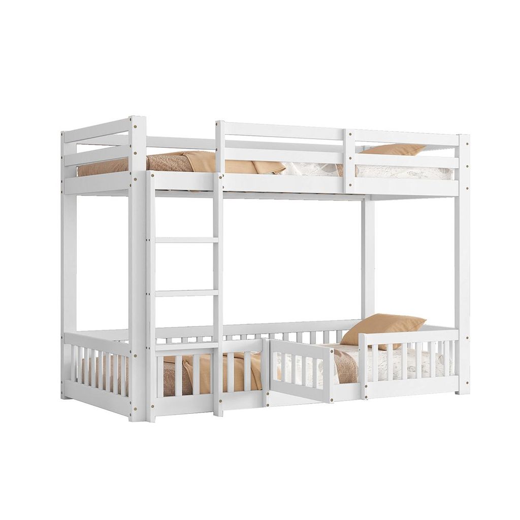 Kinderbett mit rechtwinkliger Treppe Geländer und Tür Absturzsicherung Etagenbett Jugendbett 90x200cm Weiß