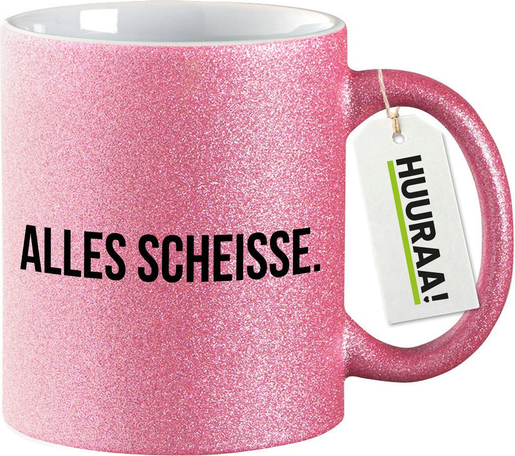 Huuraa Glitzertasse Alles Scheisse Schriftzug 330ml Pink Keramik Kaffeebecher Geschenkidee