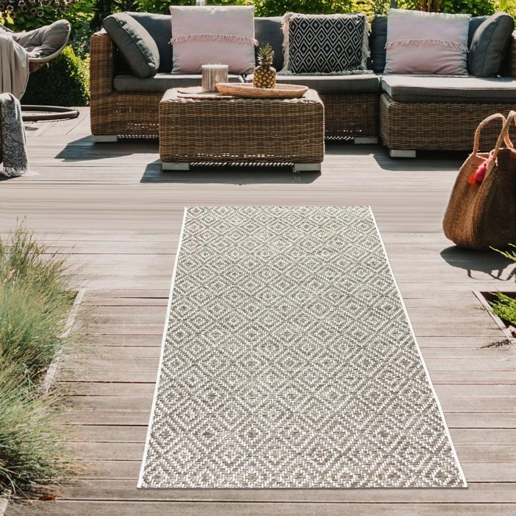 In- & Outdoorteppich Terrasse wetterfest Flachgewebe im Rautenmuster in beige Größe - 80 x 150 cm