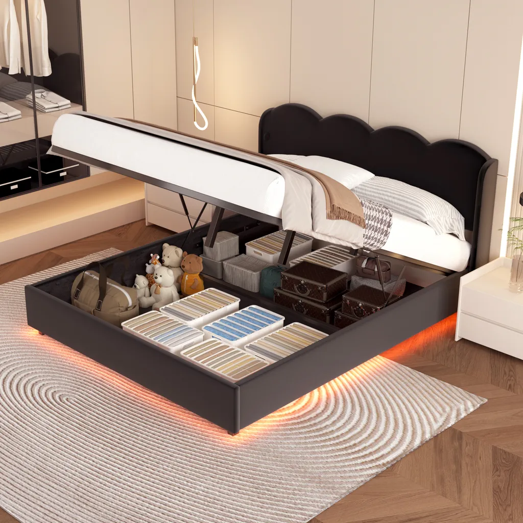 Lit velours noir 140x200 design ondulé avec ports USB-C et rangement LED