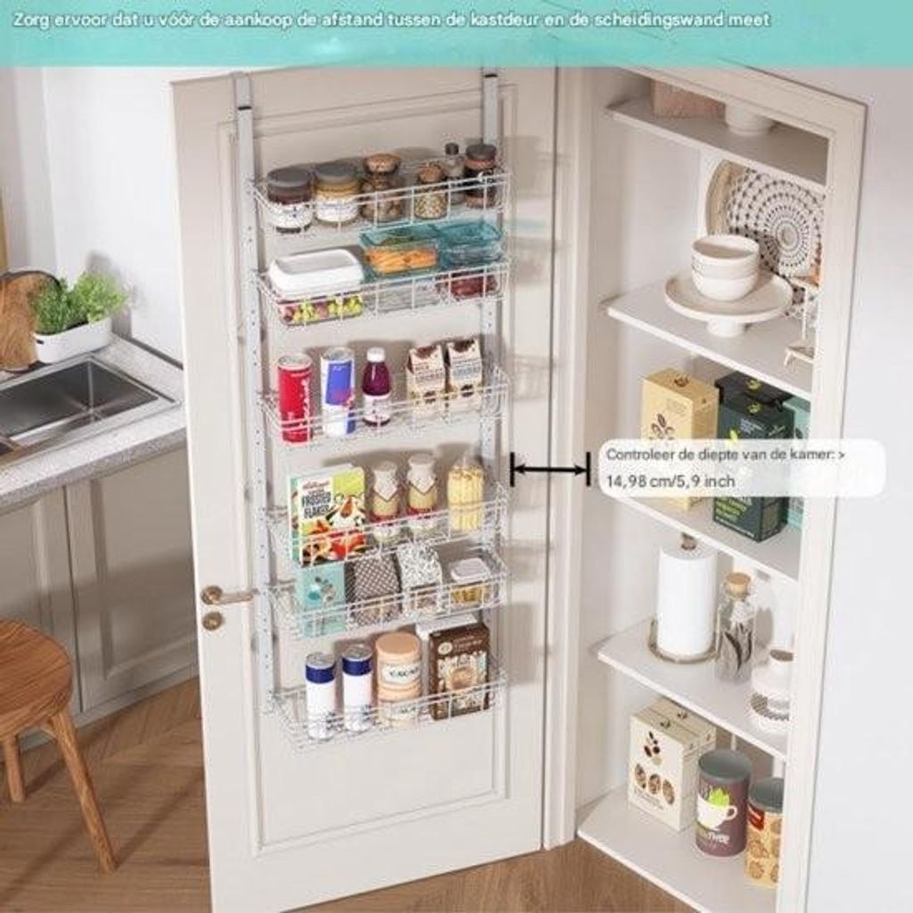 Hängender Organizer an der Tür – Türregal aus Metall – 6 Ebenen und 2 Haken – Haushaltsaufbewahrung – Weiß