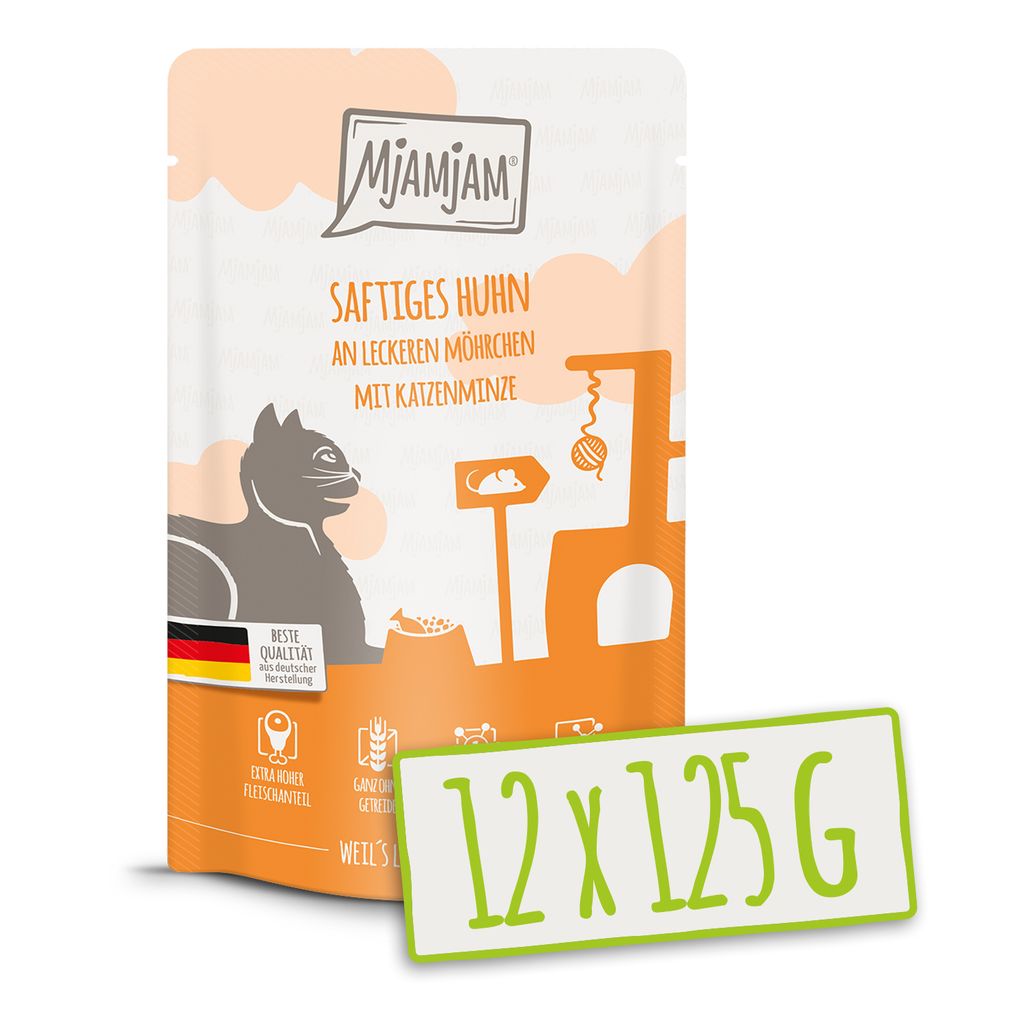 MjAMjAM - Quetschie 12x125g Huhn mit Möhrchen Nassfutter Katzenfutter Katze