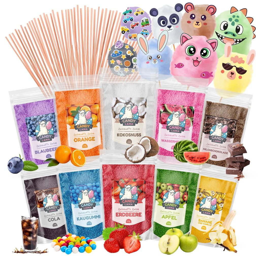 Zuckerwatte Zucker Set 10 x 250g, inkl. 100 Zuckerwattestäbe - 100% Vegan & Allergenfrei, Ideal für Zuckerwattemaschine - 8 essbare Dekorationen