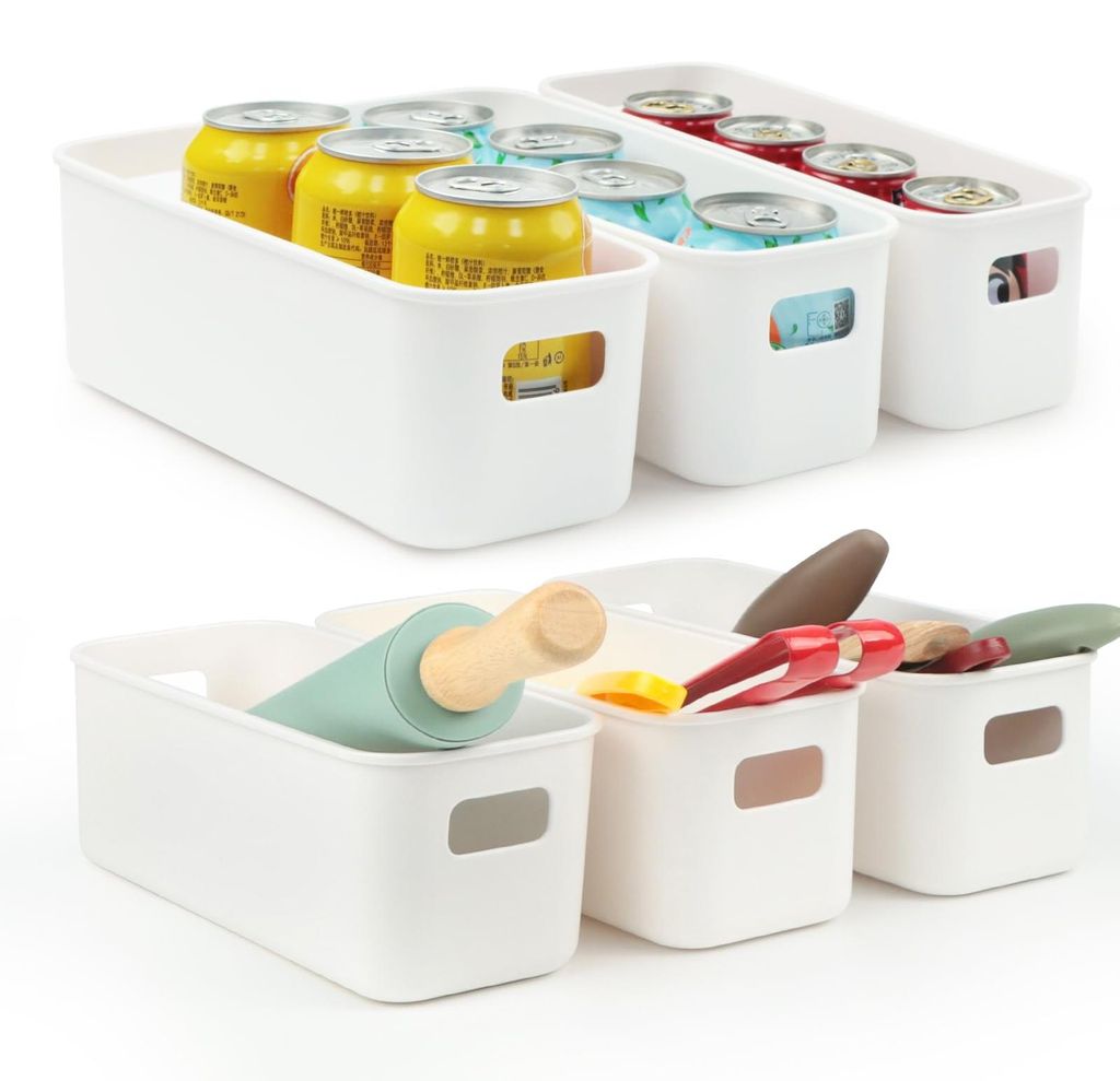 Weiße kleine Aufbewahrungsbox, 6 schmale Kunststoffboxen ohne Deckel, 27,5 × 10,5 × 9,5 cm, kompakte Aufbewahrungskörbe und Organizer für den ...